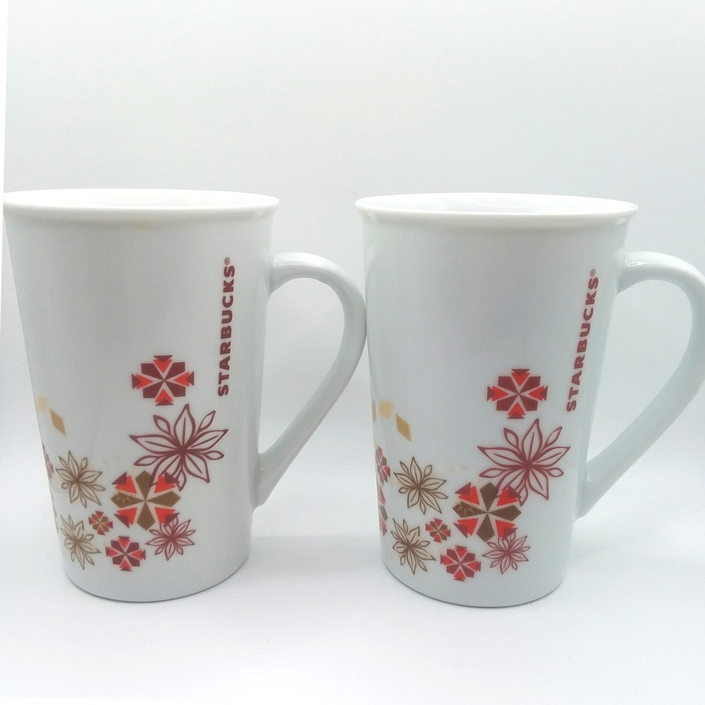 Starbucks Holiday Poinsettia Snowflake Christmas Coffee Latte Mug 12oz Set of 2‎